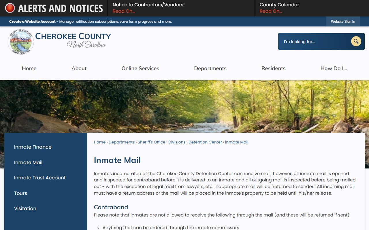Cherokee County inmate mail rules and booking number requirements