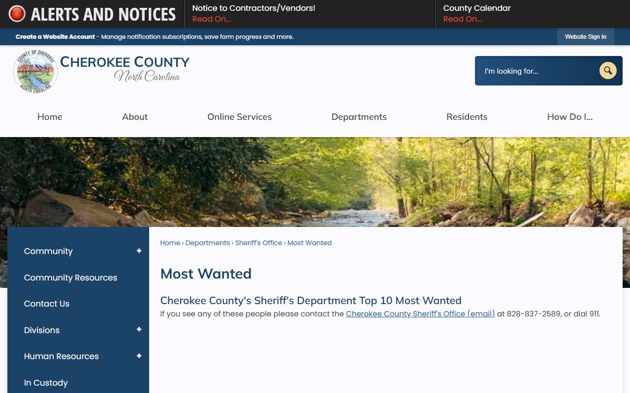 Cherokee County Most Wanted page distinct from jail mugshots