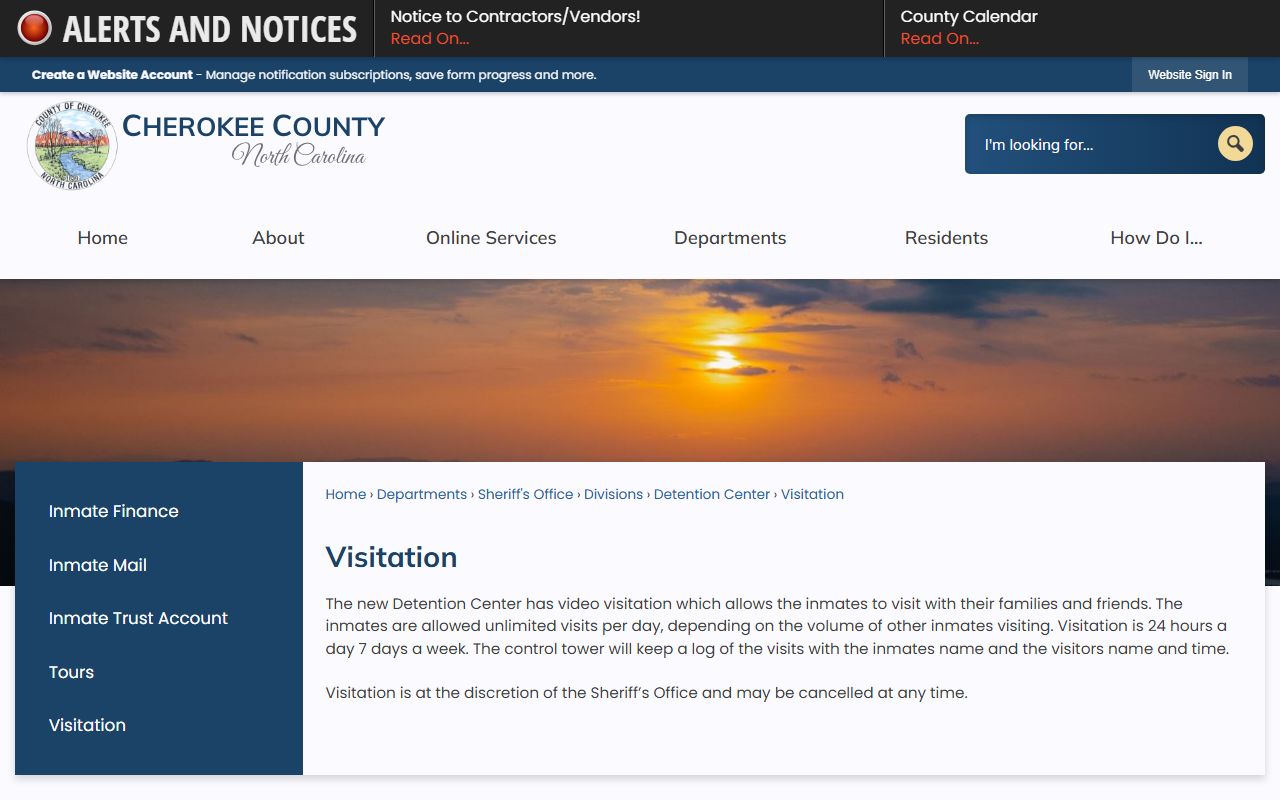 Cherokee County Detention Center video visitation schedule for jail inmates
